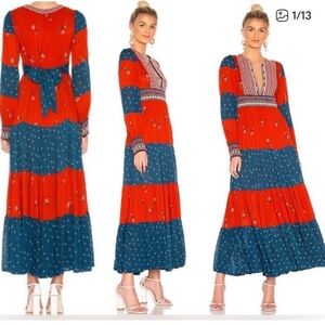 Free People Red and Blue Patterned Long Sleeve Dress